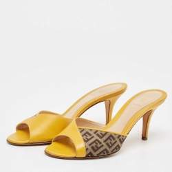 Pre Owned Fendi Yellow/Brown Leather and Zucca Canvas Slide Sandals Size 36