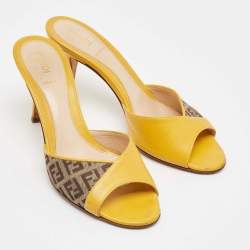 Pre Owned Fendi Yellow/Brown Leather and Zucca Canvas Slide Sandals Size 36