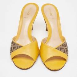 Pre Owned Fendi Yellow/Brown Leather and Zucca Canvas Slide Sandals Size 36