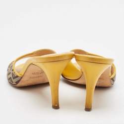 Pre Owned Fendi Yellow/Brown Leather and Zucca Canvas Slide Sandals Size 36