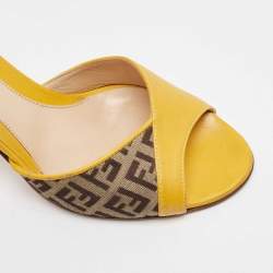 Pre Owned Fendi Yellow/Brown Leather and Zucca Canvas Slide Sandals Size 36