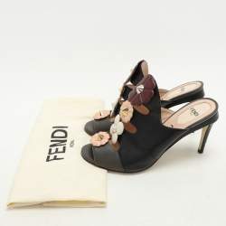 Fendi Black/Grey Leather Flowerland Slide Sandals Size 36