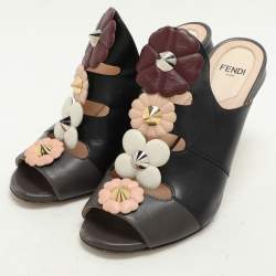 Fendi Black/Grey Leather Flowerland Slide Sandals Size 36