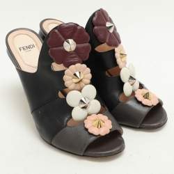 Fendi Black/Grey Leather Flowerland Slide Sandals Size 36