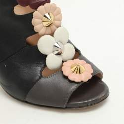 Fendi Black/Grey Leather Flowerland Slide Sandals Size 36