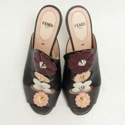 Fendi Black/Grey Leather Flowerland Slide Sandals Size 36