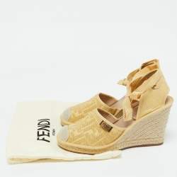 Fendi Beige Zucca Raffia and Canvas Espadrille Platform Wedge Sandals Size 40