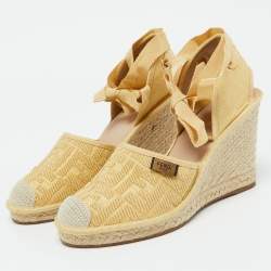 Fendi Beige Zucca Raffia and Canvas Espadrille Platform Wedge Sandals Size 40