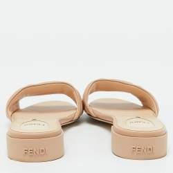 Fendi Beige Leather Logo Embossed Slide Flat Sandals Size 40