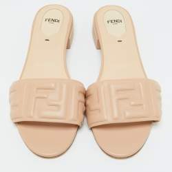 Fendi Beige Leather Logo Embossed Slide Flat Sandals Size 40