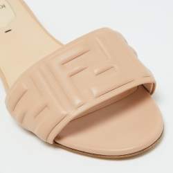 Fendi Beige Leather Logo Embossed Slide Flat Sandals Size 40