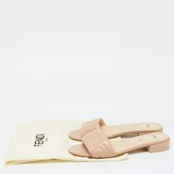 Fendi Beige Leather Logo Embossed Slide Flat Sandals Size 40