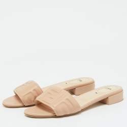 Fendi Beige Leather Logo Embossed Slide Flat Sandals Size 40