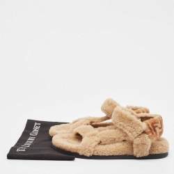 Pre Owned Fendi Brown Shearling Fur FF Flat Sandals Size 37