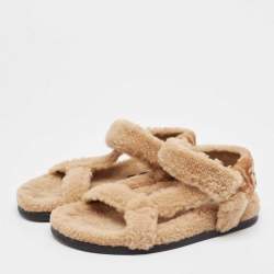 Pre Owned Fendi Brown Shearling Fur FF Flat Sandals Size 37
