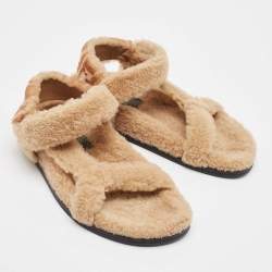 Pre Owned Fendi Brown Shearling Fur FF Flat Sandals Size 37