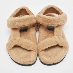 Pre Owned Fendi Brown Shearling Fur FF Flat Sandals Size 37
