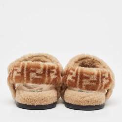 Pre Owned Fendi Brown Shearling Fur FF Flat Sandals Size 37