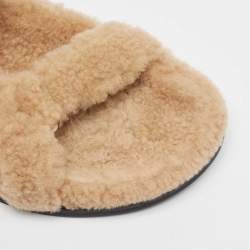 Pre Owned Fendi Brown Shearling Fur FF Flat Sandals Size 37