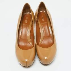 Fendi Beige Patent Leather Zucca Heel Platform Pumps Size 39.5