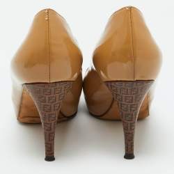 Fendi Beige Patent Leather Zucca Heel Platform Pumps Size 39.5