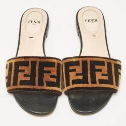 Pre Owned Fendi Brown/Black Zucca Velvet Flat Slides Size 35