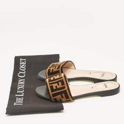 Pre Owned Fendi Brown/Black Zucca Velvet Flat Slides Size 35
