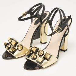 Fendi Gold/Black Leather and Patent Studded Ankle Strap Sandals Size 36