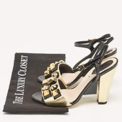 Fendi Gold/Black Leather and Patent Studded Ankle Strap Sandals Size 36