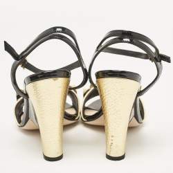 Fendi Gold/Black Leather and Patent Studded Ankle Strap Sandals Size 36