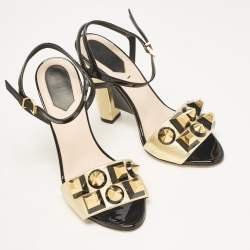 Fendi Gold/Black Leather and Patent Studded Ankle Strap Sandals Size 36