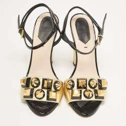 Fendi Gold/Black Leather and Patent Studded Ankle Strap Sandals Size 36