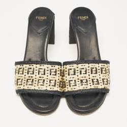 Pre Owned Fendi Cream/Black Leather and Raffia FF Slide Sandals Size 37.5