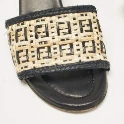 Pre Owned Fendi Cream/Black Leather and Raffia FF Slide Sandals Size 37.5