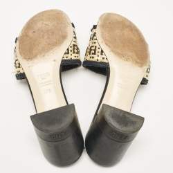 Pre Owned Fendi Cream/Black Leather and Raffia FF Slide Sandals Size 37.5