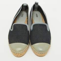 Fendi Navy Blue/Grey Denim and Patent Leather Junia Cap Toe Espadrille Flats Size 38