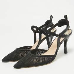 Pre Owned Fendi Black Lace and Leather Colibri Lite Slingback Pumps Size 37