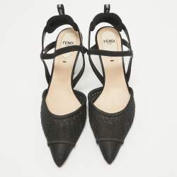 Pre Owned Fendi Black Lace and Leather Colibri Lite Slingback Pumps Size 37