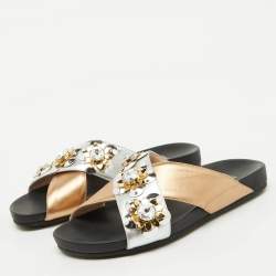 Pre Owned Fendi Silver/Gold Leather Flowerland Studded Criss Cross Flat Slide Sandals Size 39