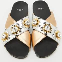 Pre Owned Fendi Silver/Gold Leather Flowerland Studded Criss Cross Flat Slide Sandals Size 39