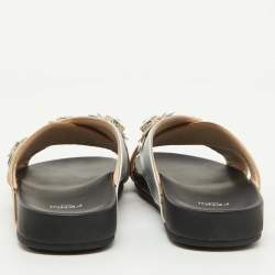Pre Owned Fendi Silver/Gold Leather Flowerland Studded Criss Cross Flat Slide Sandals Size 39