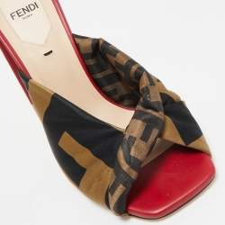 Fendi Brown/Black Satin Logo Twist Knotted Block Heel Sandals Size 36