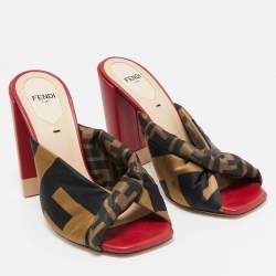 Fendi Brown/Black Satin Logo Twist Knotted Block Heel Sandals Size 36