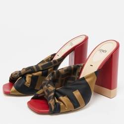 Fendi Brown/Black Satin Logo Twist Knotted Block Heel Sandals Size 36