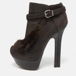 Fendi Brown Fur and Suede Fendista Ankle Length Boots Size 38