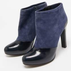 Fendi Navy Blue/Blue Leather and Suede Ankle Length Boots Size 37.5