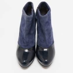 Fendi Navy Blue/Blue Leather and Suede Ankle Length Boots Size 37.5