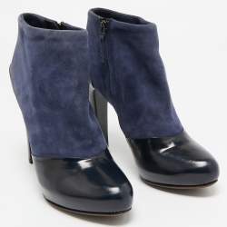 Fendi Navy Blue/Blue Leather and Suede Ankle Length Boots Size 37.5