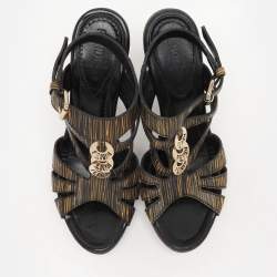 Fendi Black/Yellow Leather Embellished Ankle Strap Sandals Size 39