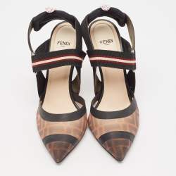 Pre Owned Fendi Black/Brown Zucca Mesh and Fabric Colibri Pumps Size 38